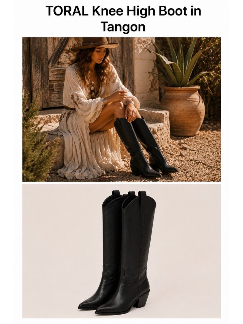 TORAL Tangon Black Leather Western Knee High Cowboy Boots Approx US 9.5